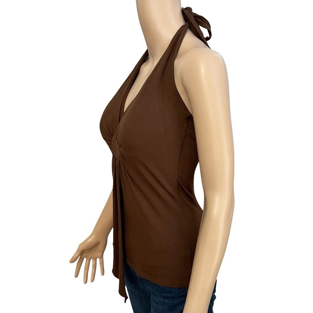 Y2K Cache Halter Top Small Brown Jersey Knit Plunging Night Out Clubwear - Picture 2 of 8